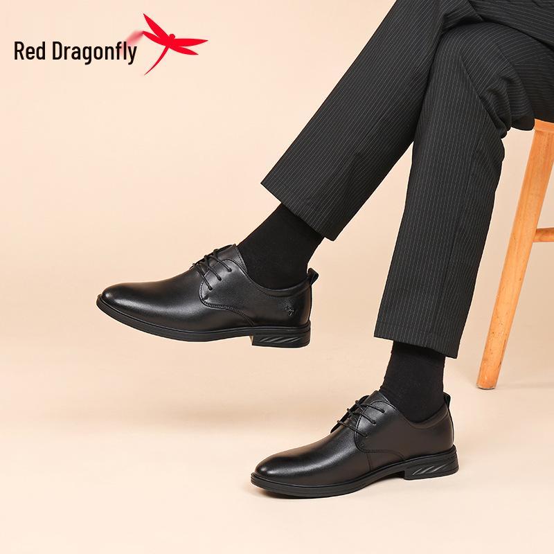Red Dragonfly Men's Black Leather Shoes - British Style, Soft Sole, Ideal for Weddings, Business, and Casual Wear.