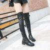 Kozaki damskie za kolano, elastyczne, wysokie do uda, skórzane, czarne, na średnim obcasie, buty z cholewką, okrągły nosek, obuwie, nowość