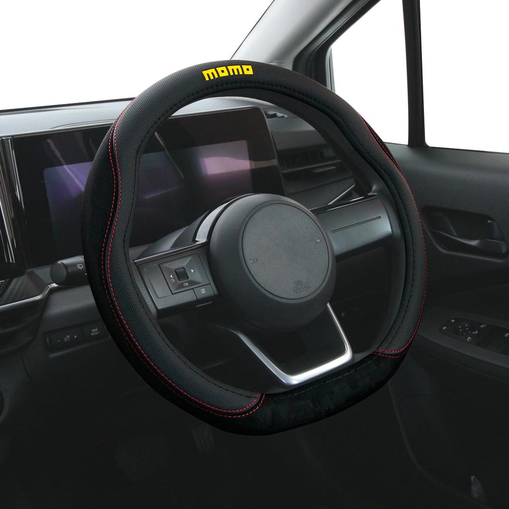 MOMO Comfort Microfiber Steering Wheel Cover, Italy, Milan, Flat Bottom, D-Shaped, Black with Red Stitching