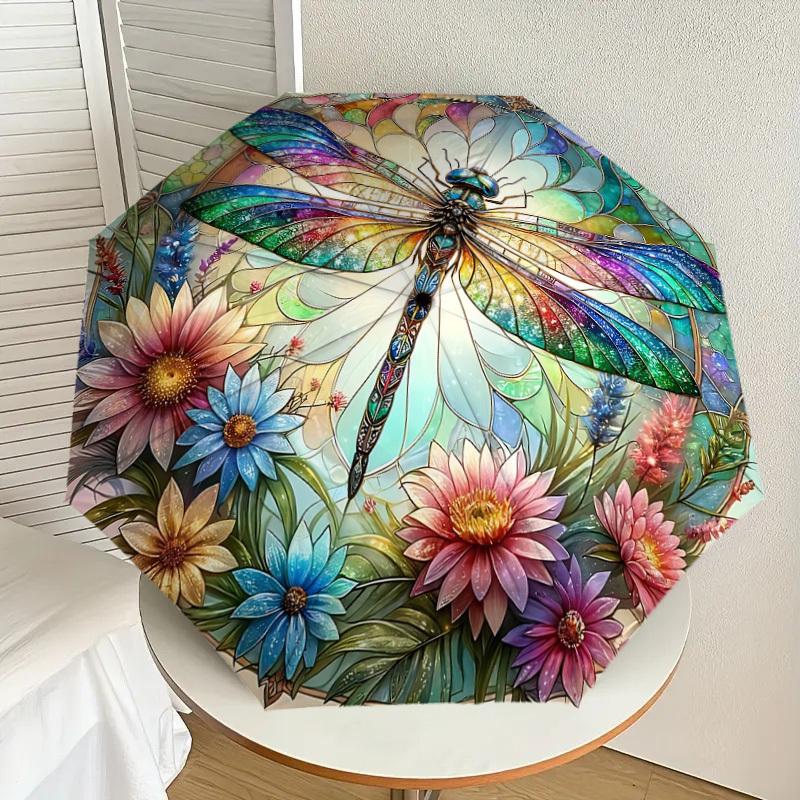 1PC Dragonfly Stained GlassAutomatic Open/Close Umbrella with Windproof, 8-Rib Sturdy Canopy, Durable Ribs, Fashionable Design, Outdoor Accessory, Fun