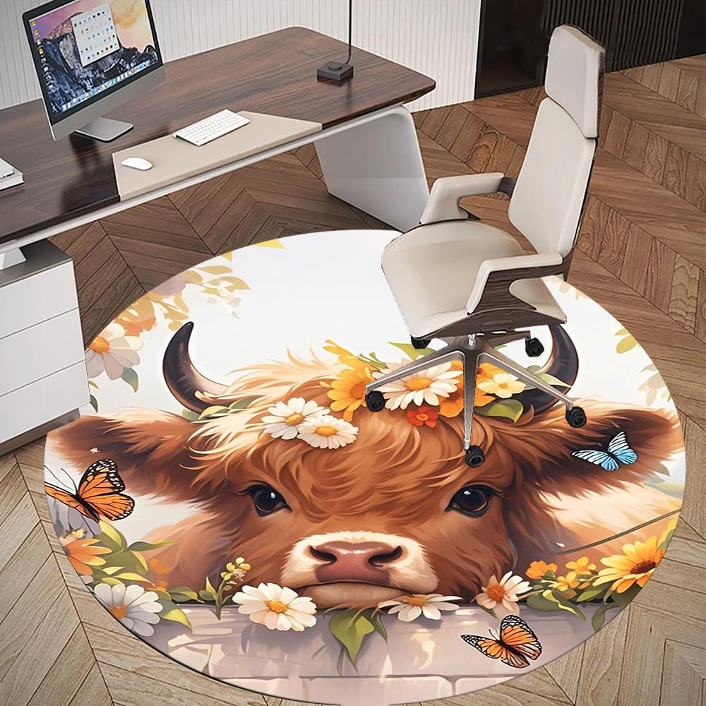 1PC Cow Flowers Cute Round Chair Mat Area Rug - Non-Slip, Floor Mat for Office, Bedroom, Home Decor Christmas Gift C0528047