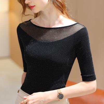 Mid-sleeved T-shirt for Women's Autumn Women's New Sexy Transparent Bright Silk Mesh Shirt Temperament One-shoulder Top