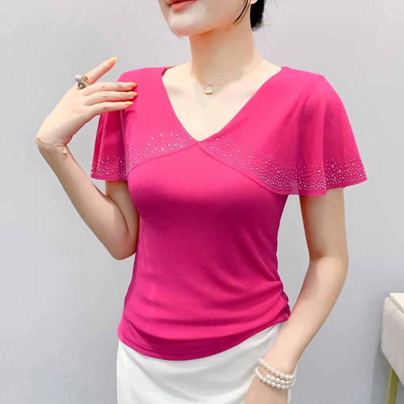 New European Women's T-Shirt Clothes Sexy V-Neck Chic Ruffles Hot Diamonds Tops Shirts Summer Short Sleeve Slim Mesh Tees