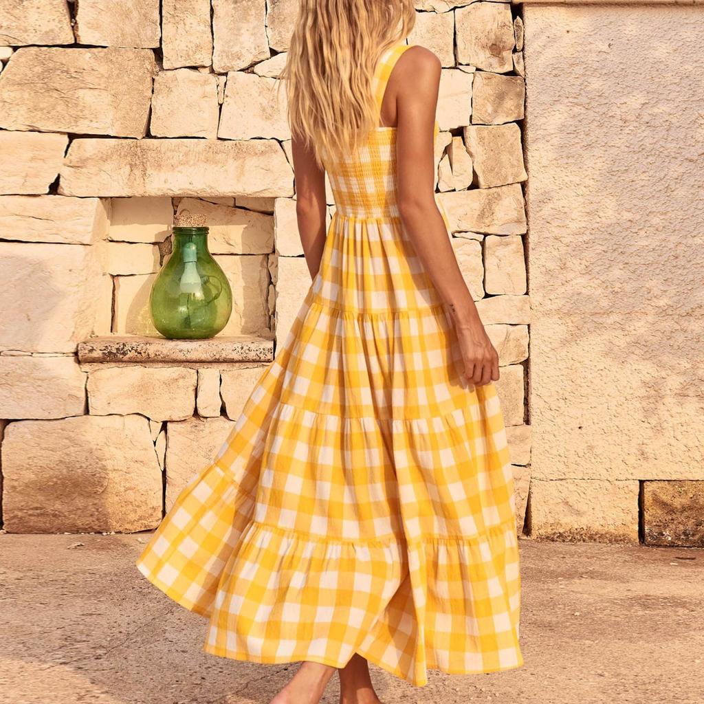 Women's Casual Midi Dress  Everyday Sleeveless Loose Boho Plaid Dress Summer Beach Sundress