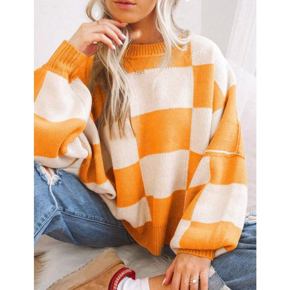 Women's Crew Neck Long Sleeve Knit Top Loose Fit Lazy Casual Sweater Color Block Plaid Pullover Knitwear