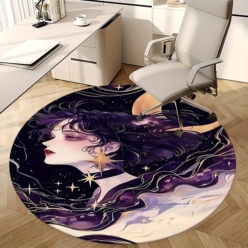 1pc Anime Design Round Carpet Office Chair Mat, Non Slip Rug with Starry Sky and Moon Print for Home Decor