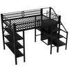 Hochbett 140*200cm, Dreistufiges Lagerregal, Schreibtisch, Kleiderschrank, Sicherheitsleiter mit Stauraum, Hohes Geländerdesign, Eisenbett, Einzelbett, Schwarz