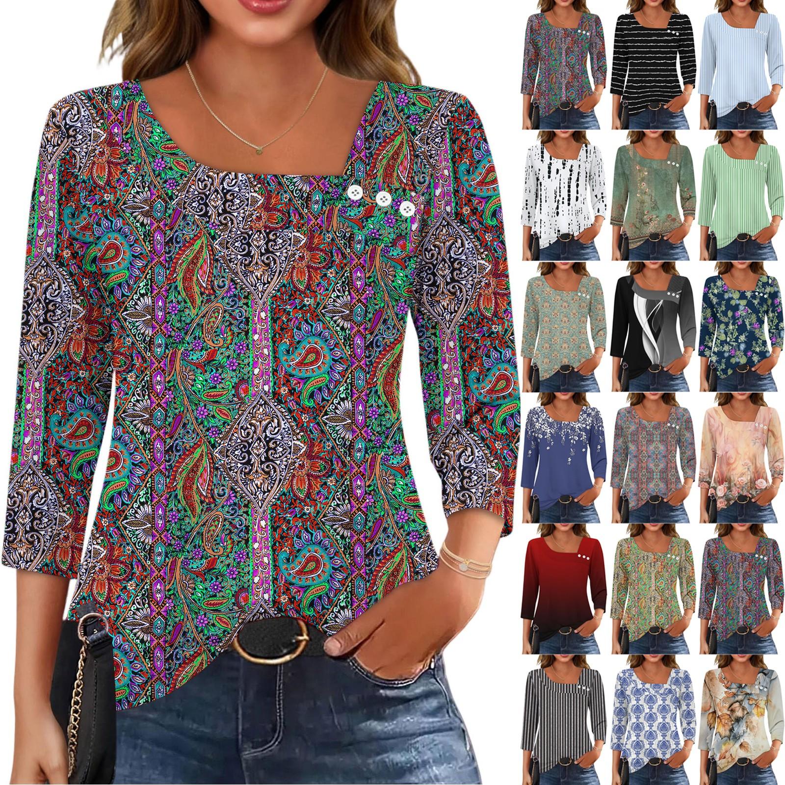 

3/4 Sleeve Shirts For Women Tees Blouses Casual Plus Size Basic Tops Pullover L армія зелений колір