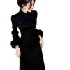 Women's Elegant Black Fleece-Lined Long Dress Coat - Slimming Chinese Style for Winter 2025