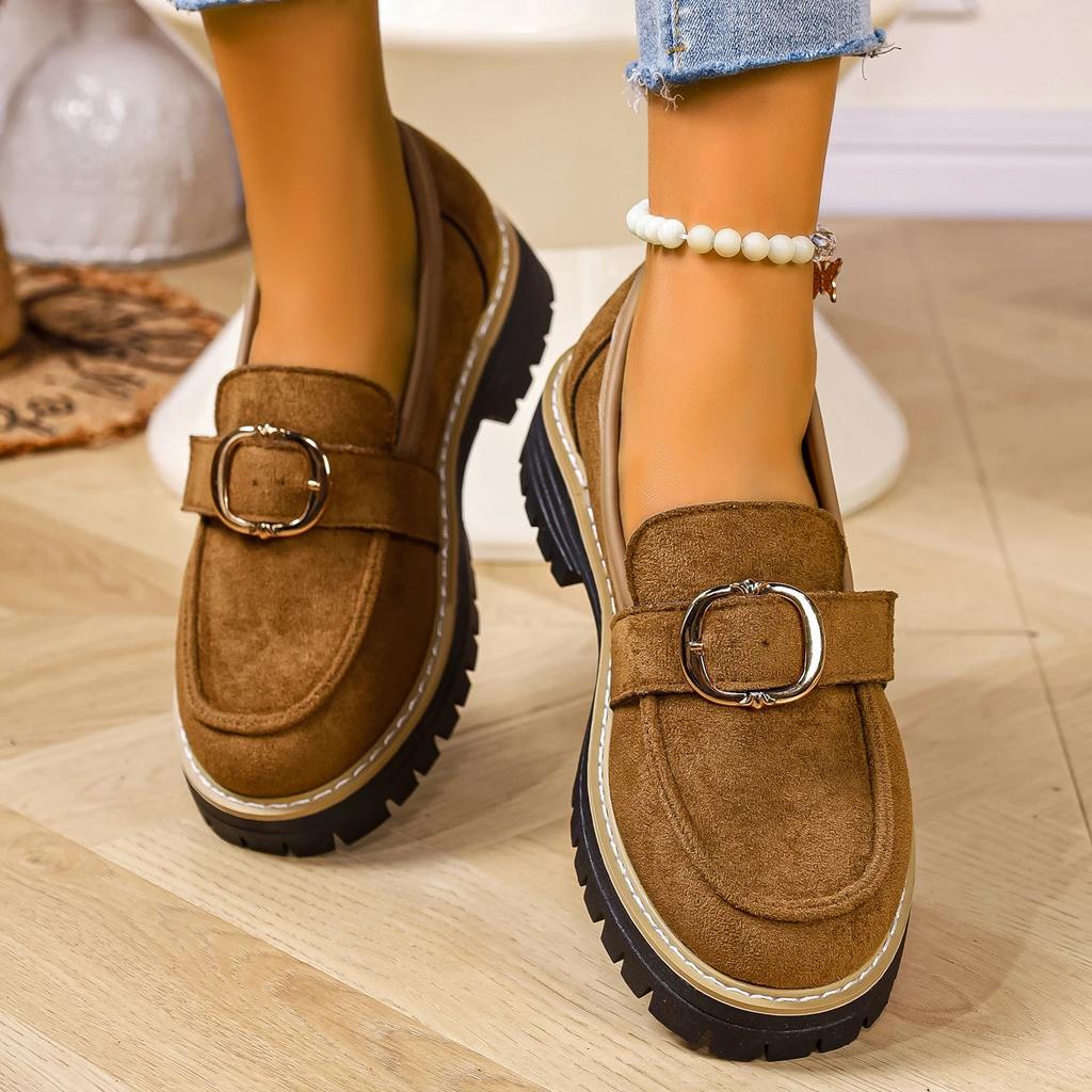Woman Loafers British Thick Heel Round Toe Woman Shoes Retro Autumn Large Size Shoes Ladies Rubber Outsole Casual Sneakers Women