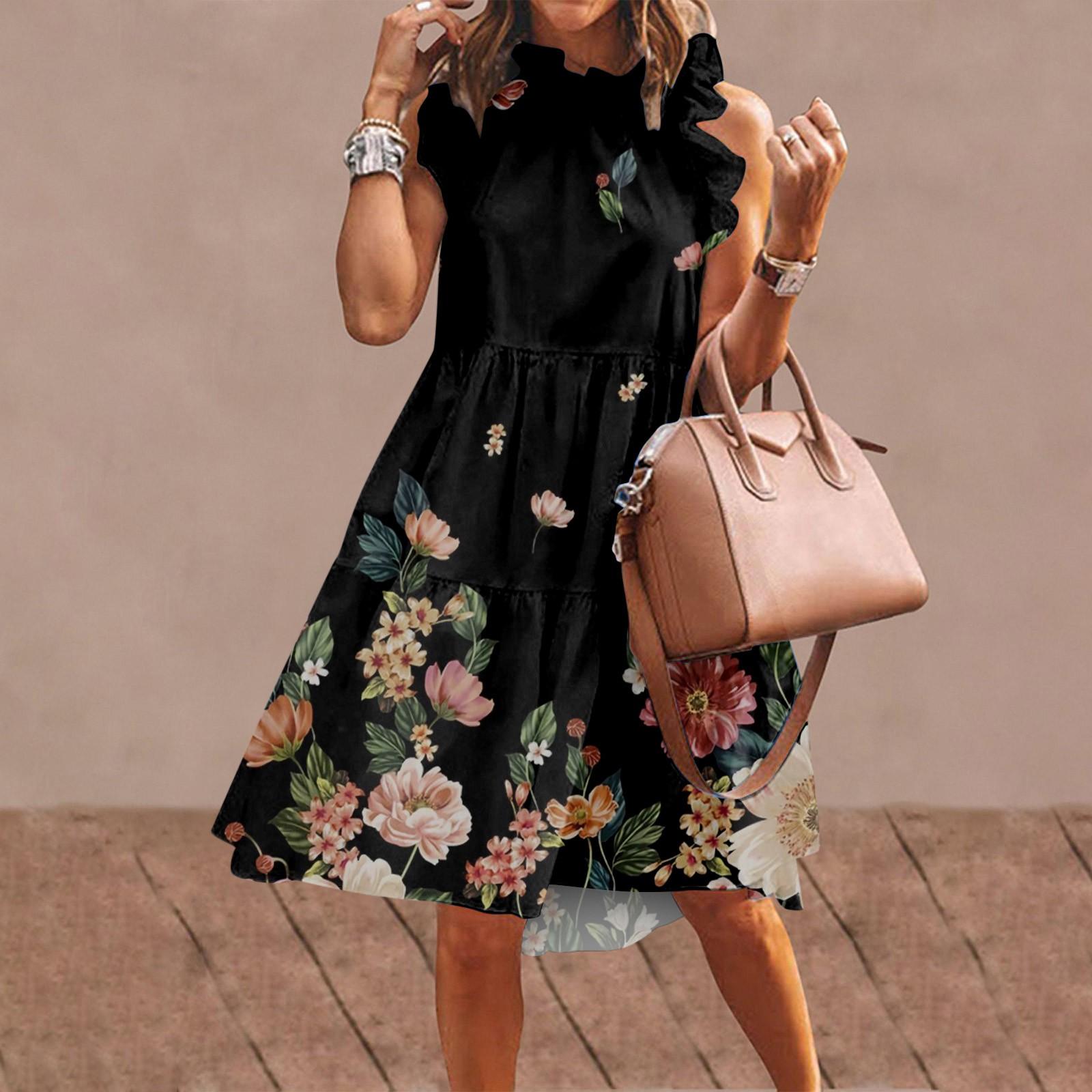 

Женское летнее платье без рукавов с круглым вырезом, однотонное плиссированное лоскутное многоуровневое платье трапециевидной формы для работы, повседневное платье для женщин M чёрный