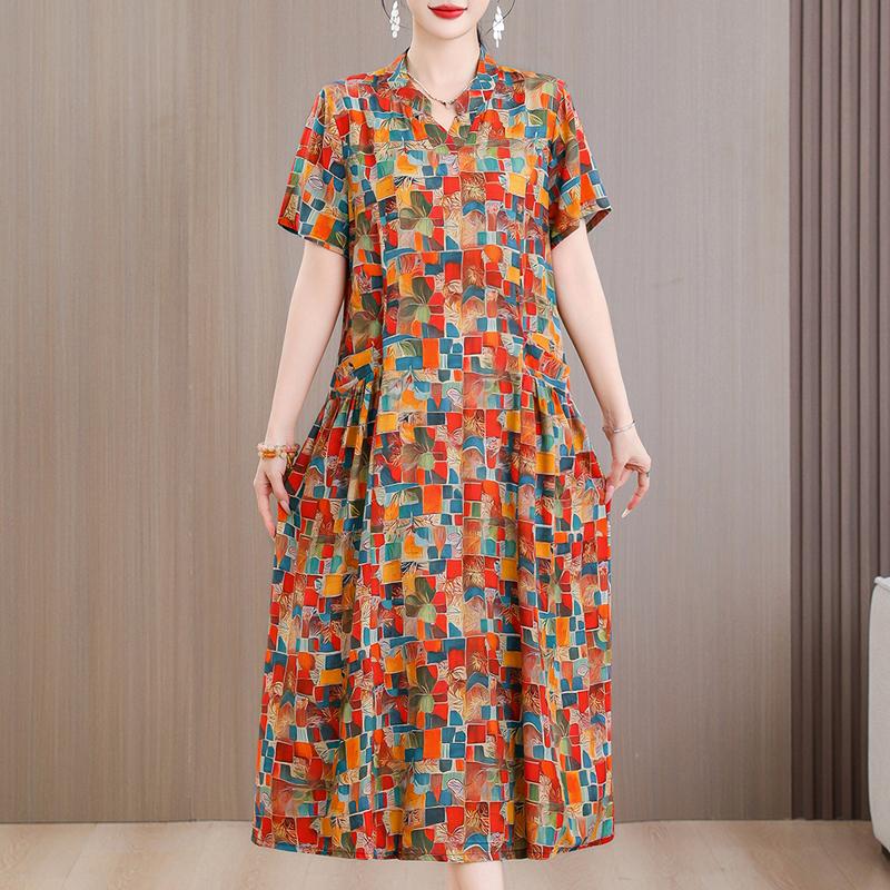

Women s Floral Print Linen Blend Dress, Short Sleeve V-Neck Loose Casual Maxi Dress (XL-5XL) 5XL