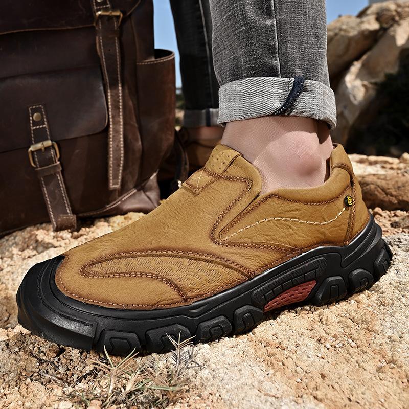 Men's Shoes Work Shoes Outdoor Casual Shoes Big Head Leather Shoes Spring Low-Top Slip-on Closed Toe Frosted Cowhide Surface Hiking Climbing