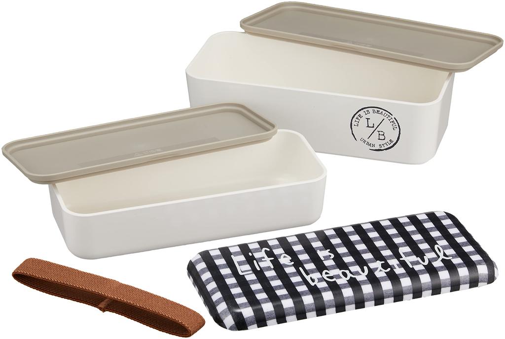 Showa Bento Long Rectangular Nesting Lunch Gingham Two Bottom Top Compact Made In Product Number 77073 Box, Box, Check, Black, Tiers, 280ml, 450ml,