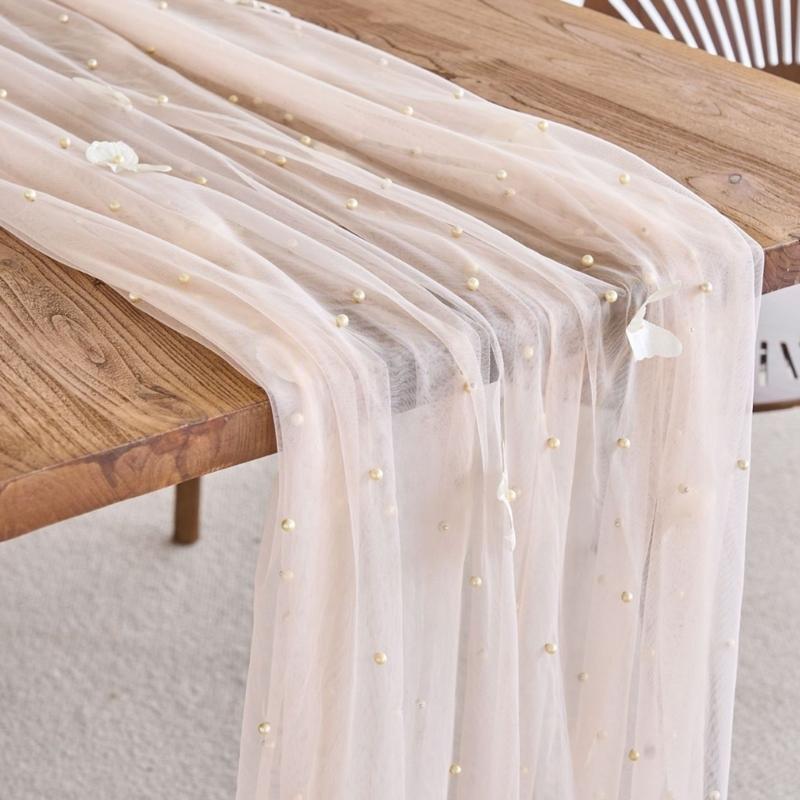 Mesh Lace Table Runner With Beaded and Embroidery 3D Butterfly Sheer Tulle Fabric Tablecloth For Dining Table Decors