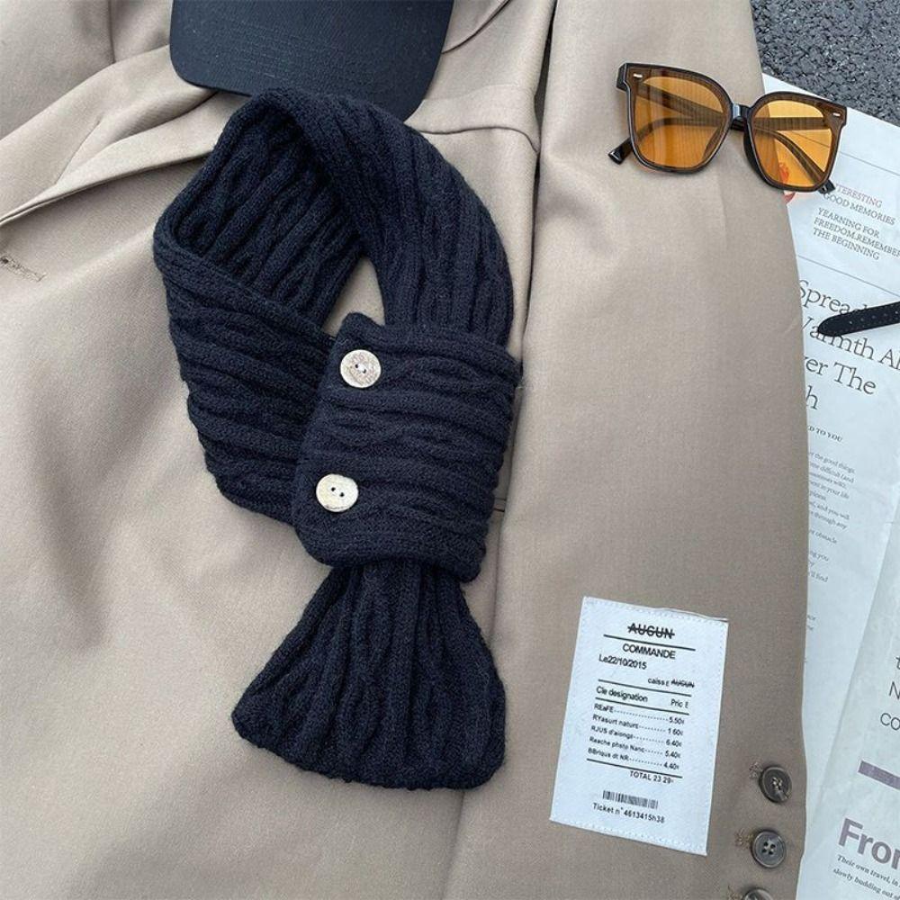 Solid Color Knitted Scarf Button Women Winter Neckerchief Retro Cross Scarf Winter