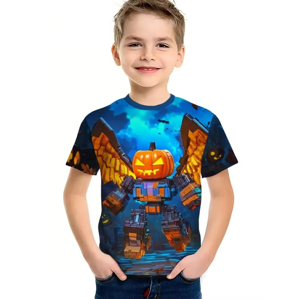 

Round Neck 3D Robot & Pumpkin Graphic Printed Short Sleeved Children s Boy T-shirts - Soft Medium Stretch Polyester Fabric Summer Relaxed Fit Clothing 160