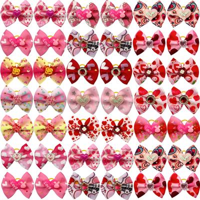 50/100pc Valentine's Day Dog Hair Accessories Diamond Dog Hair Bows Pink Love Style Pet Dog Ribbon Bow Rubber Bands Dog Supplies