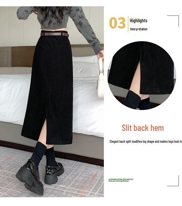 Women's High-Waist Corduroy Skirt: Retro Mid-Length with Spring/Autumn Slit & Hong Kong Style Drape.