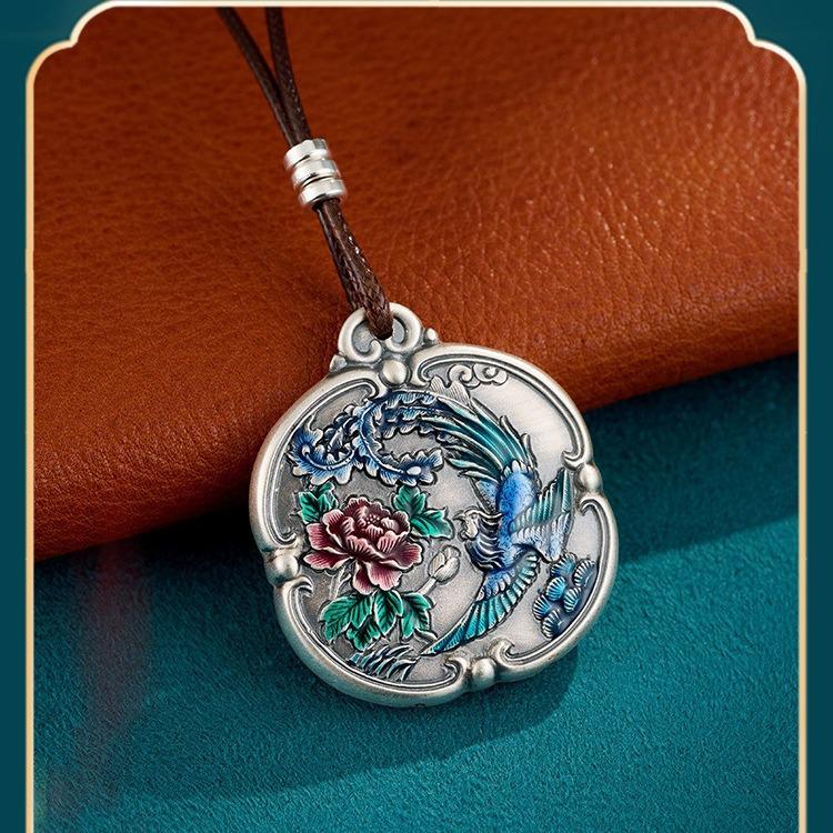 Retro 999 Sterling Silver Enamel Phoenix & Peony Pendant - Unisex Chinese Style Ornament