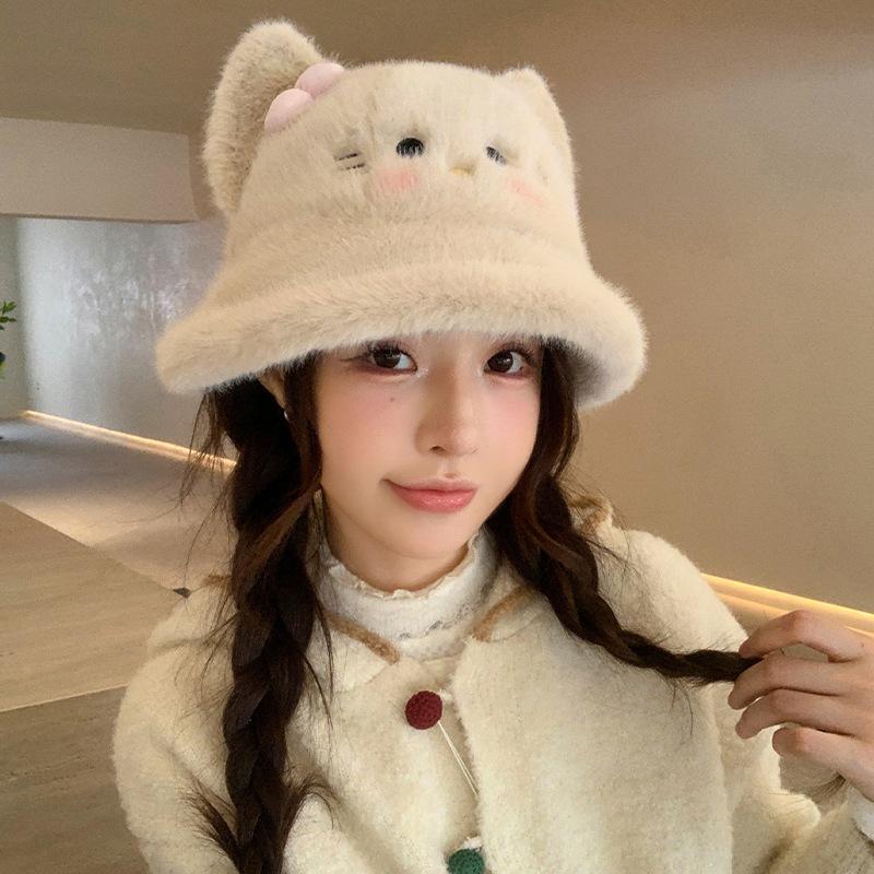New cute cat bow plush hat women's autumn and winter basin hat big head circumference showing face small bucket hat