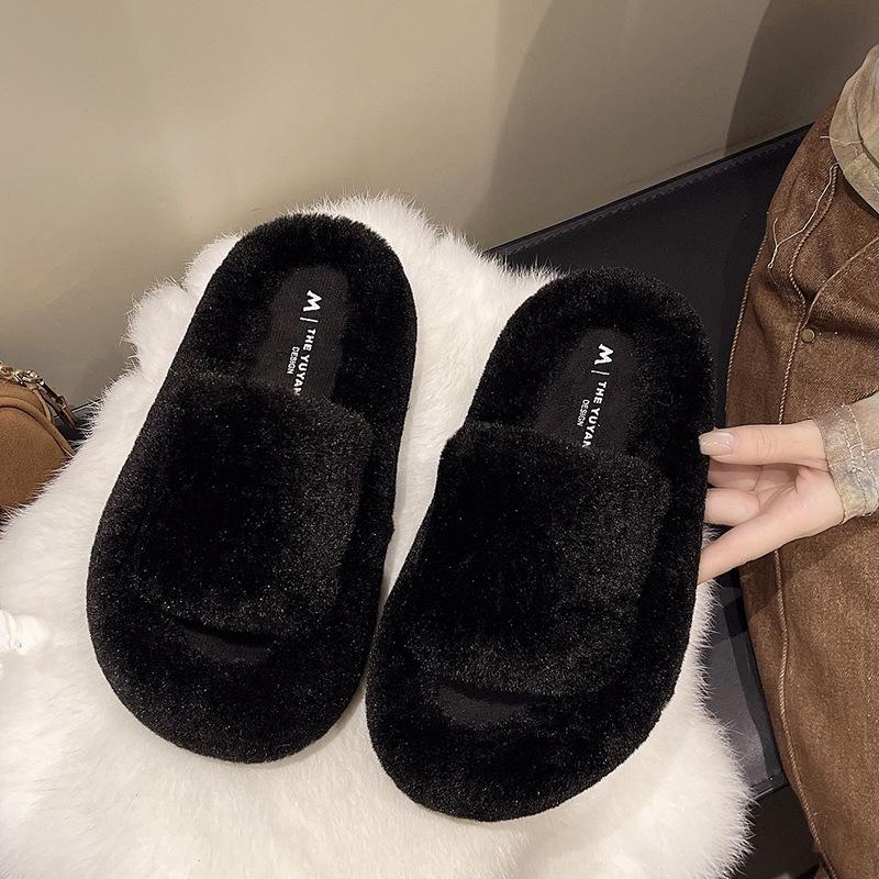 

Women s thick-soled fluffy slippers outside, new indoor home air-conditioned room in autumn 2025, lazy one-word cotton slippers 41 чёрный