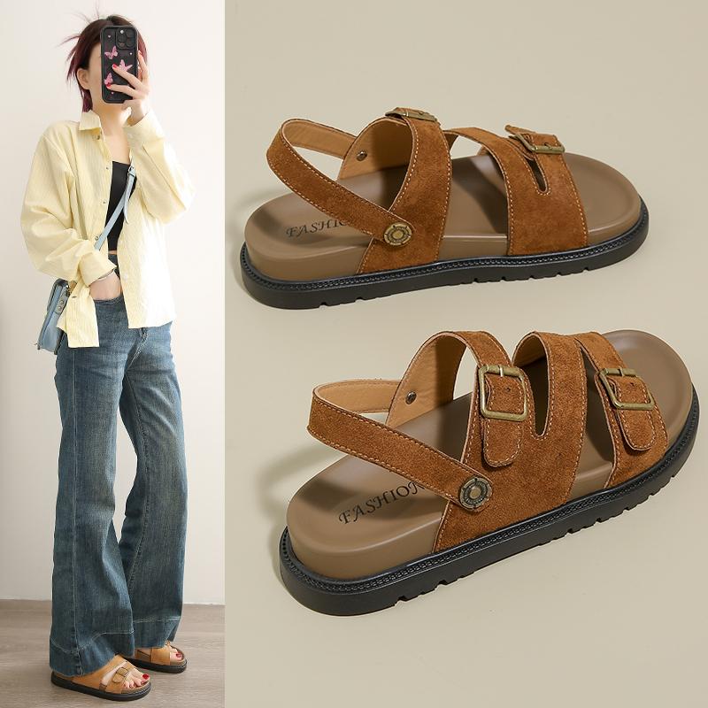 2025 Women's Shoes Buckle Strap Women's Sandals New Belt Buckle Casual Sandals Women High Quality Peep Toe Flat Sandals