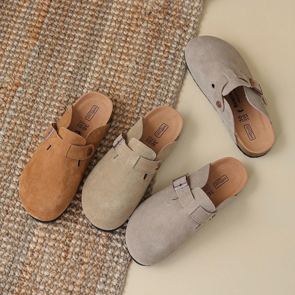 Leather half slippers women's autumn retro cork platform bag head drag large size women's shoes