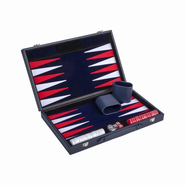 Backgammon Luxe 15 Pouces Similicuir Bleu Foncé – Jeu de Société Stratégie Adulte – Coffret Complet 47,4 x 38,6 cm