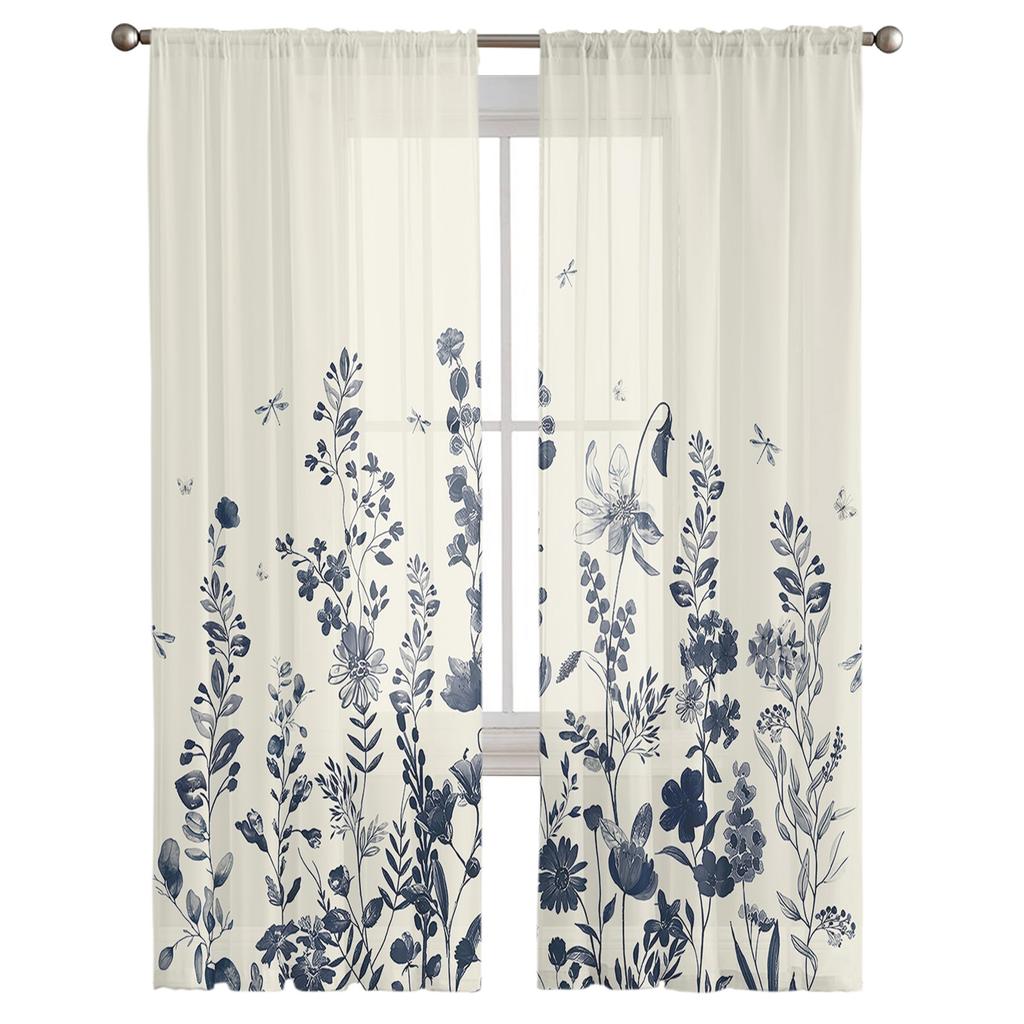 Flowers Foliage Dragonflies Butterflies Voile Sheer Curtains Living Room Window Tulle Curtain Kitchen Bedroom Drapes Home Decor