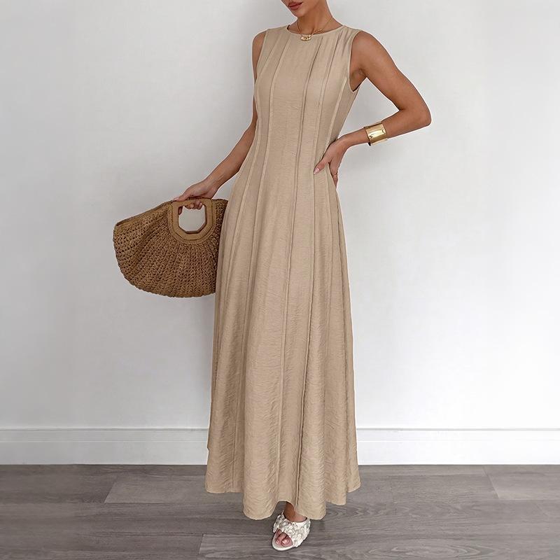 Women Sleeveless Round Neck Seam Detail Waist Cinch Maxi Dress Casual Summer Work Dress S