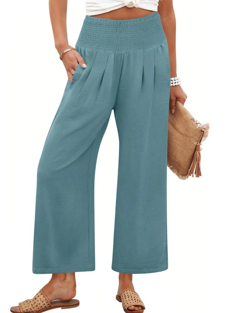 Women's High Waist Elastic Waist Wide Leg Pants In Olive Green