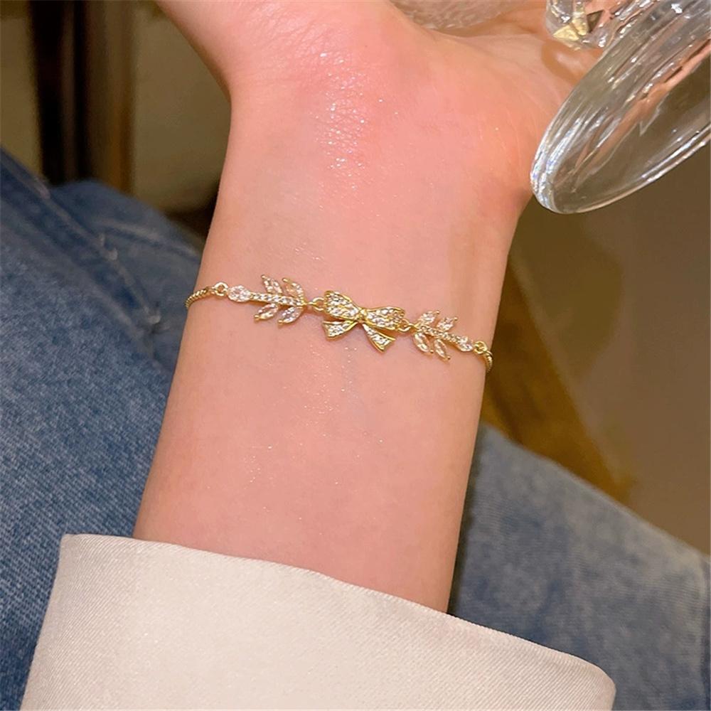 Crystal Fashion White Zircon Stone Bowknot Bangle Bracelets For Women Trendy Gold Color Wedding