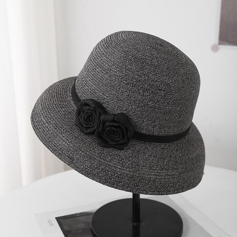 French Hepburn Style Double Flower Elegant Bucket Hat Women's Summer Sun Protection Straw Hat Big Brim Pot Hat Straw Woven Beach Sun Hat
