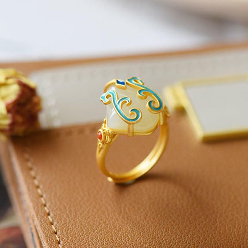 New  Chinese Retro Enamel Ring Inlaid With Hetian Jade Unique Aventurous Craftsmanship, Adjustable Opening For Women