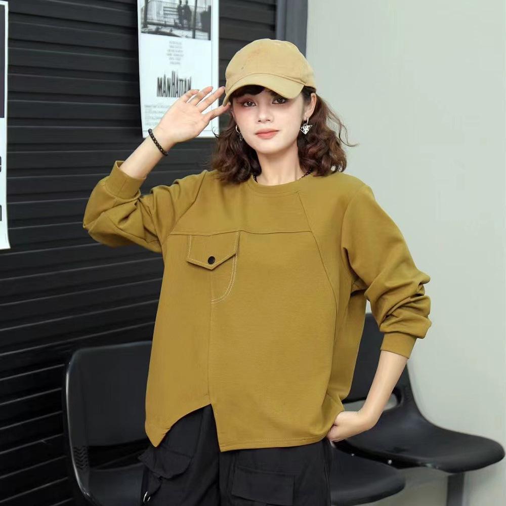 

Dimanaf 2024 Новая женская футболка больших размеров с круглым вырезом и длинным рукавом, повседневная, свободная, осенняя, базовая, новый пуловер, однотонные топы One Size чёрный