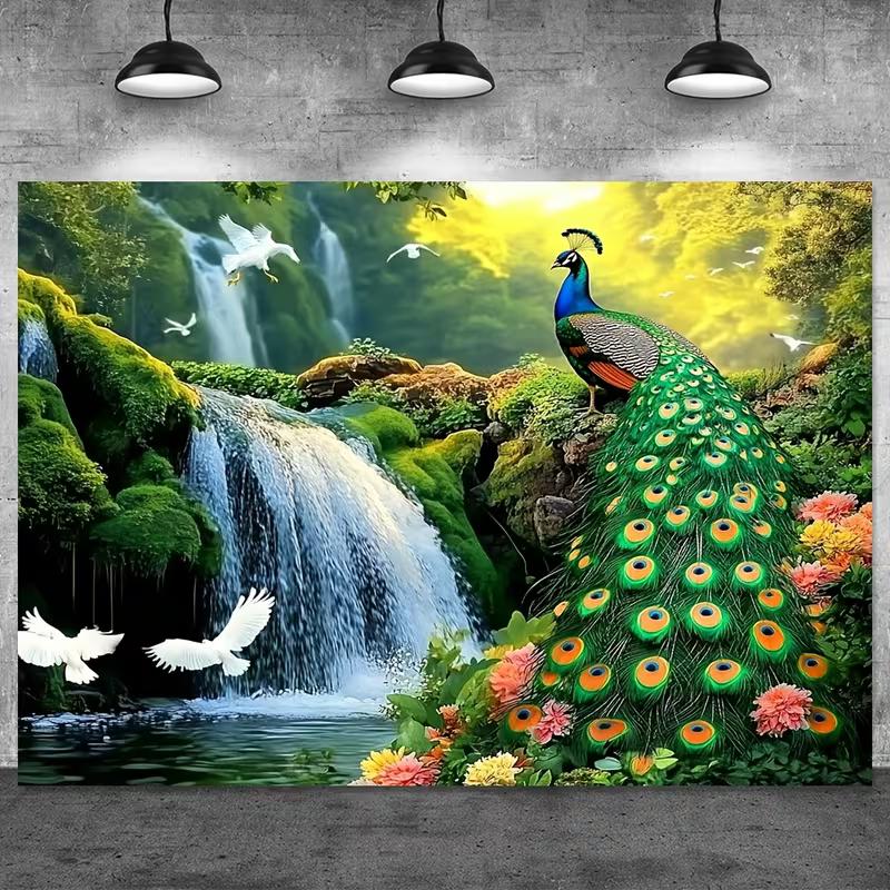 2D Peacock Forest Waterfall Wall Tapestry Nature Background Cloth for Home Decor