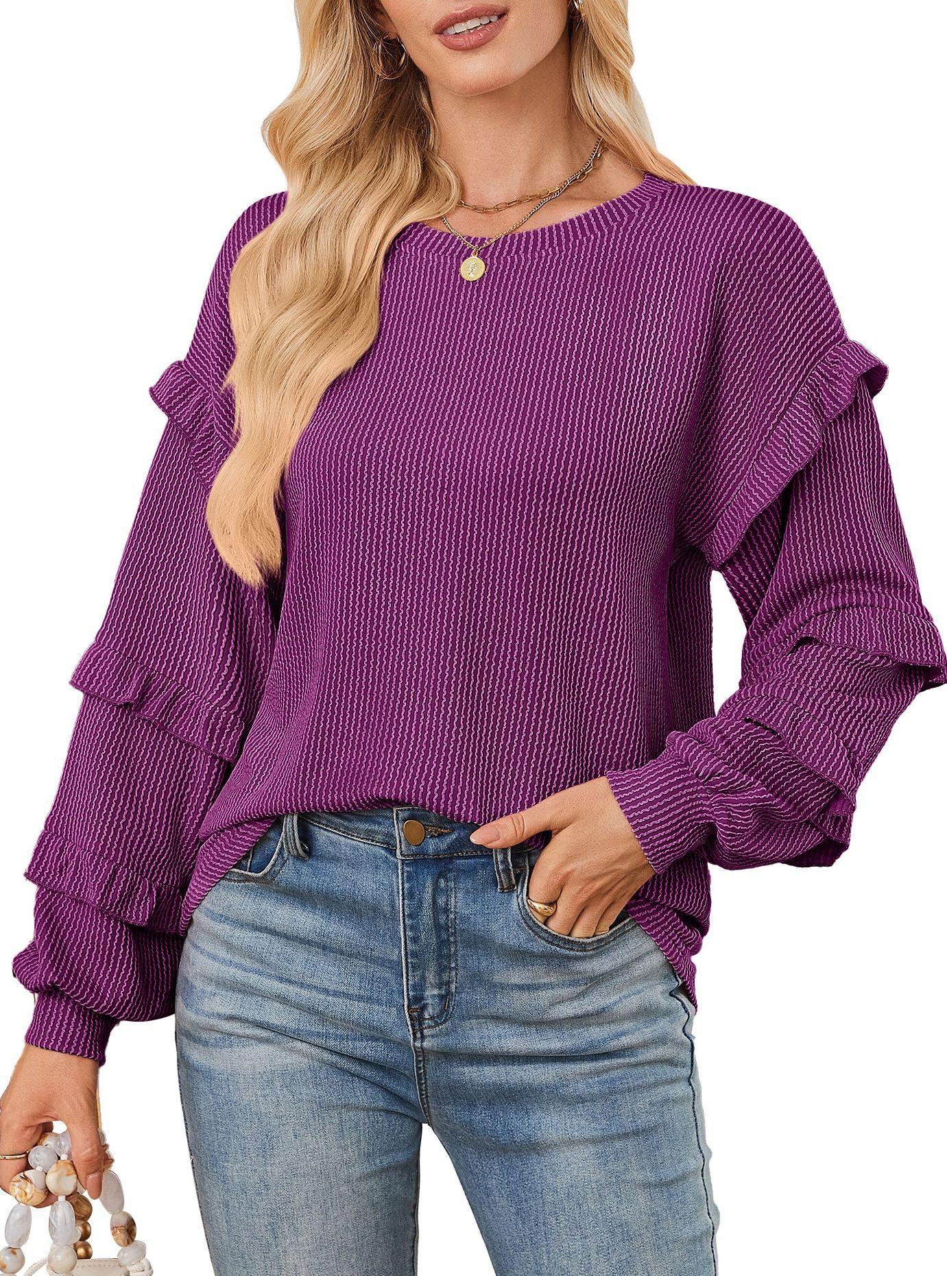Women S Loose Fit Round Neck Lantern Sleeve T Shirt S