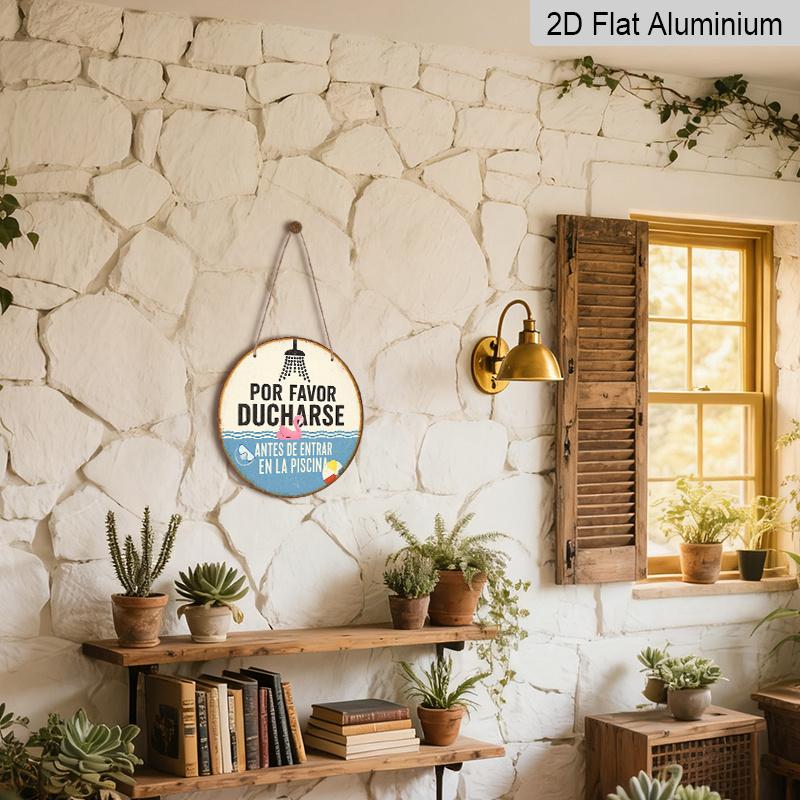 2D Flat, 1pc 2D Flat, Round Spanish Aluminum Sign, "Please Shower Before Entering The Pool" Vintage Decorative Plaque, Pool Rule Reminder Sign, Ideal