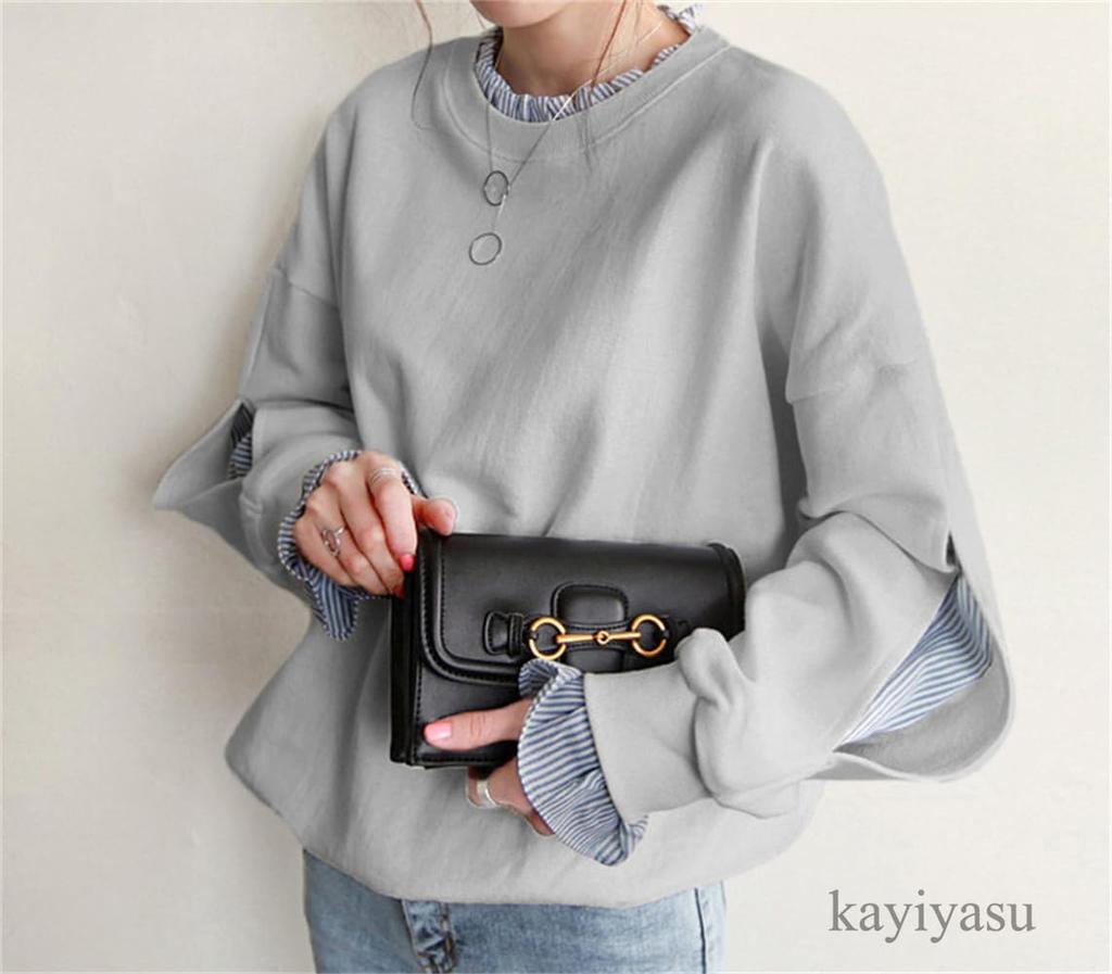 Kayiyasu Layered Long Sleeve Sweatshirt Everyday Women's Hoodie, Casual, Cute, Striped, Slimming, Wear, Spring/Autumn, M-2XL (M Gray)