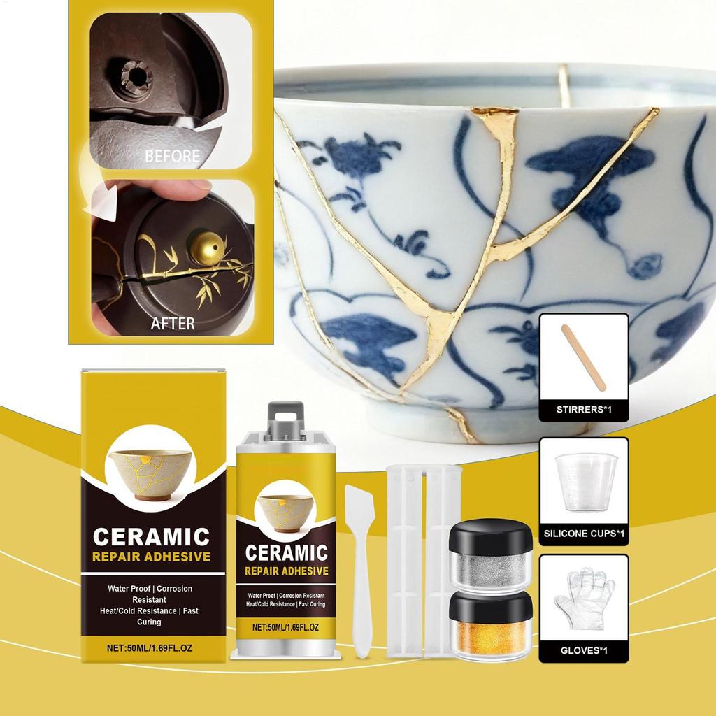 Japanese Kintsugi Ceramic Repair Kit, Food Safe Gold Adhesive, for Broken Pottery Art Craft Bathtub Sculpture Restoration