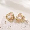 European and American fashion exquisite enamel drop glaze three-dimensional camellia pearl stud earrings light luxury elegant commuter earrings