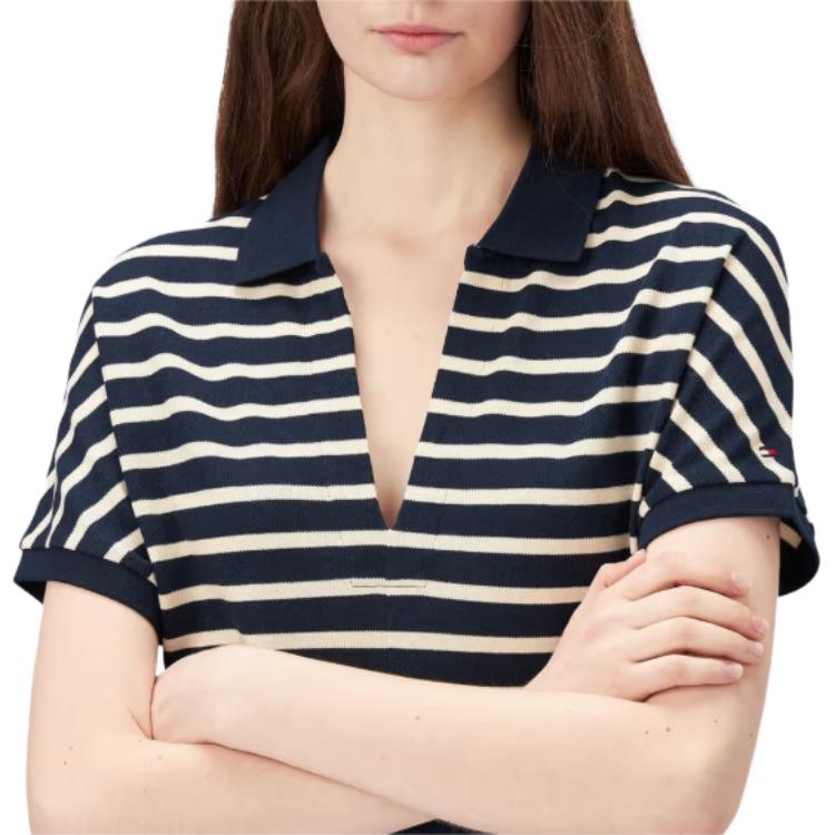 Tommy Hilfiger Comfortable Striped V-Neck Short Sleeve Dress Women dresses Black WW47105-0A4