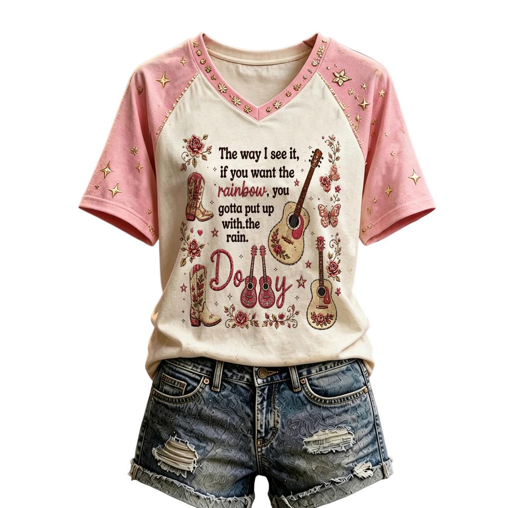 Women's Casual V-Neck Short Sleeve Letter Graphic T-Shirt