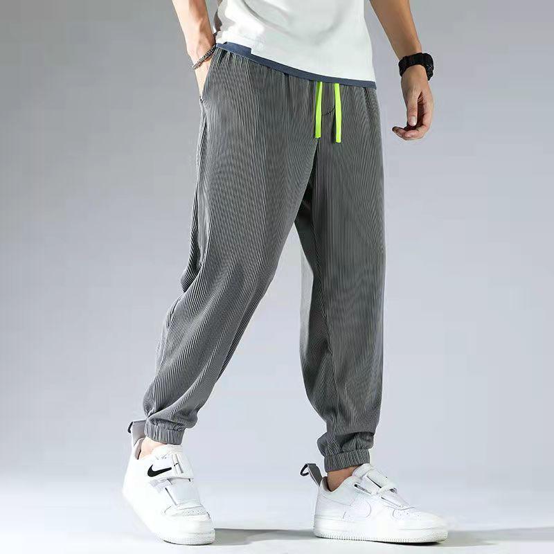 Men's Summer Striped Ice Silk Breathable Wide-Leg Elastic Straight Pants