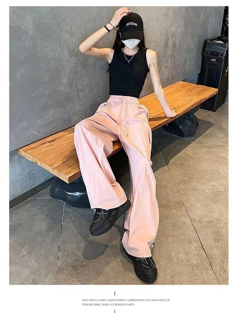 Women's White Ice Silk High-Waist Wide-Leg Cargo Pants - Summer 2025, Slimming, Quick-Dry Style