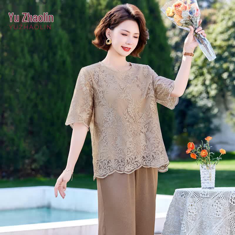 YUZHAOLIN Mid-Aged Women s Embroidered Summer Two-Piece Set 3XL