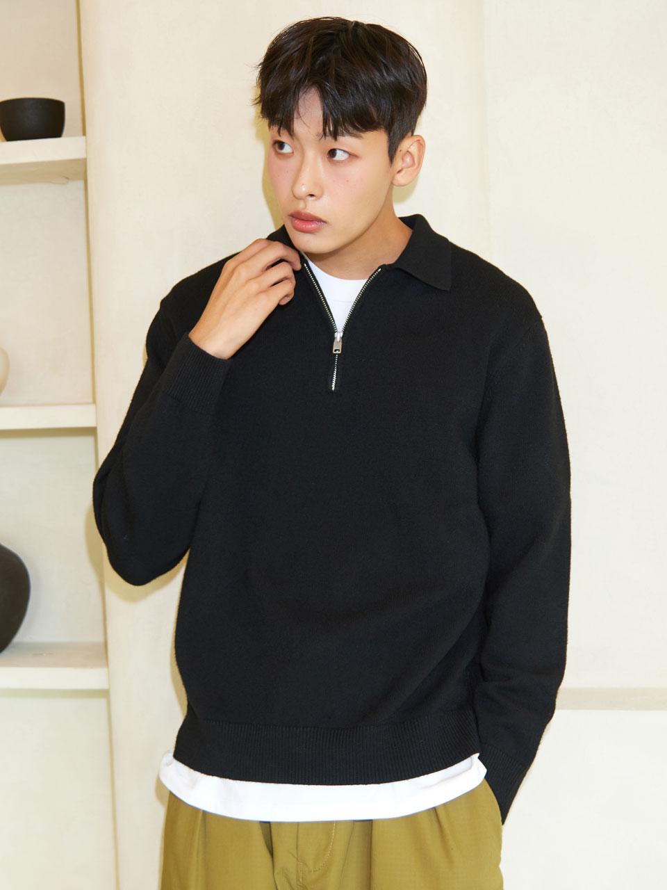I Holic Cashmere Half Zip Polo Knit Black #5Color Black/M