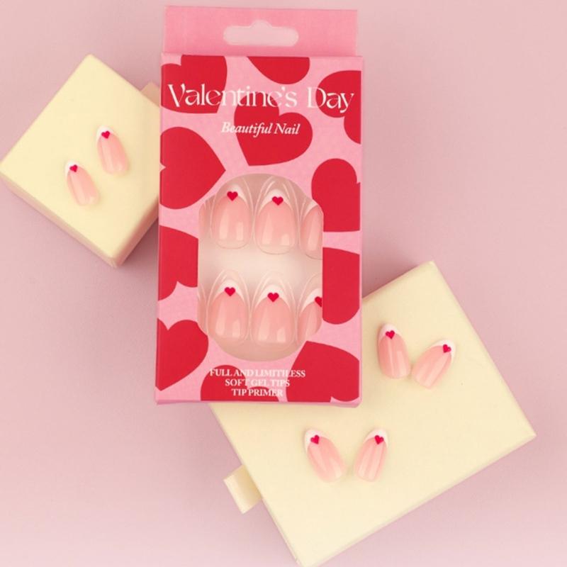 Valentinstag Press-on-Nägel Kurz Mandel Falsche Nägel Weiße French Tips Mit Herz-Designs Nagelzubehör Für Frauen