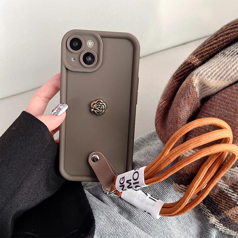 For Apple 17 Promax Mobile Phone Case Anti-fall Portable Rope Love for IPhone 16 Camellia Fine Hole All-inclusive Silicone Soft